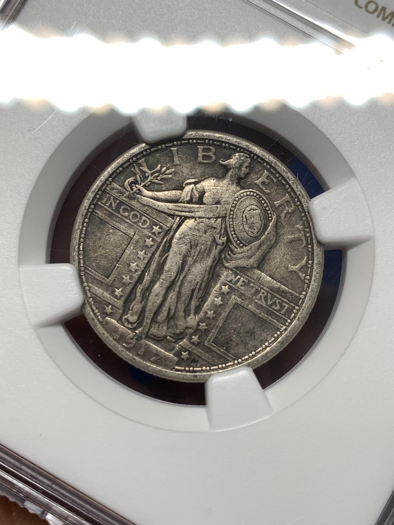 《竞宝斋》第475场 周日，周一 2场连拍 （全场包邮）欢迎送拍 NGC VFD 美国1917年type 1版本25美分银币，NGC错标成type 2，实际是鹰下无星type 1版本，仅发行两年。具体版别自辨