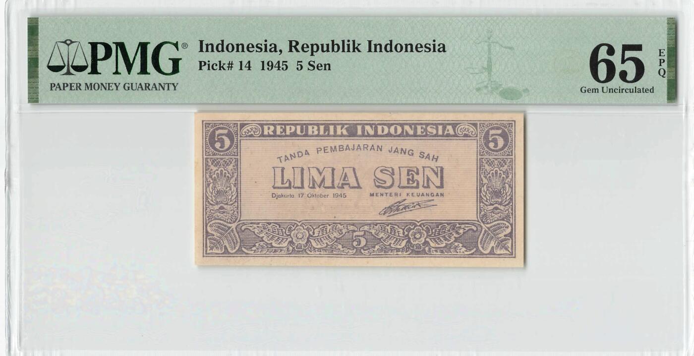 小福收藏拍卖第204期 评级币精选场 本期有 荷兰经典AA冠拿杯子的蛇 叙利亚世遗帕尔米拉古城豹子号冠军分 法国红衣主教冠军分 意大利经典达芬奇   白俄罗斯 "Millennium" 纪念版AA冠全同千位号全套  南斯拉夫铁托未发行版 美国 墨西哥 越南 法属印度支那等多国精美高分珍稀老钞精品纸币 印度尼西亚 1945年 5sen PMG65 EPQ 季军分