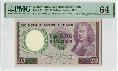 小福收藏拍卖第204期 评级币精选场 本期有 荷兰经典AA冠拿杯子的蛇 叙利亚世遗帕尔米拉古城豹子号冠军分 法国红衣主教冠军分 意大利经典达芬奇   白俄罗斯 "Millennium" 纪念版AA冠全同千位号全套  南斯拉夫铁托未发行版 美国 墨西哥 越南 法属印度支那等多国精美高分珍稀老钞精品纸币 - 荷兰 1955年 20盾 拿杯子的蛇 经典 AA冠 无47 PMG64