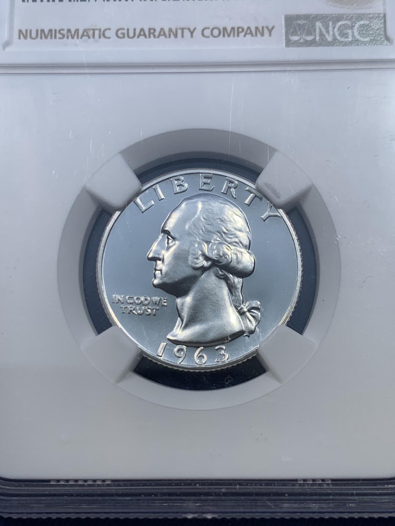 《竞宝斋》第475场 周日，周一 2场连拍 （全场包邮）欢迎送拍 NGC PF67 美国1963年华盛顿25分银币 少见精制版本 盒子上沿有磕