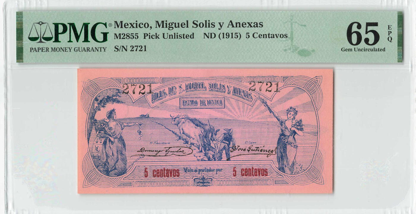 小福收藏拍卖第204期 评级币精选场 本期有 荷兰经典AA冠拿杯子的蛇 叙利亚世遗帕尔米拉古城豹子号冠军分 法国红衣主教冠军分 意大利经典达芬奇   白俄罗斯 "Millennium" 纪念版AA冠全同千位号全套  南斯拉夫铁托未发行版 美国 墨西哥 越南 法属印度支那等多国精美高分珍稀老钞精品纸币 墨西哥 1915年 5 centavos 内战时期 PMG65 EPQ