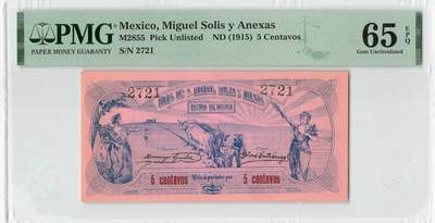 小福收藏拍卖第204期 评级币精选场 本期有 荷兰经典AA冠拿杯子的蛇 叙利亚世遗帕尔米拉古城豹子号冠军分 法国红衣主教冠军分 意大利经典达芬奇   白俄罗斯 "Millennium" 纪念版AA冠全同千位号全套  南斯拉夫铁托未发行版 美国 墨西哥 越南 法属印度支那等多国精美高分珍稀老钞精品纸币 - 墨西哥 1915年 5 centavos 内战时期 PMG65 EPQ