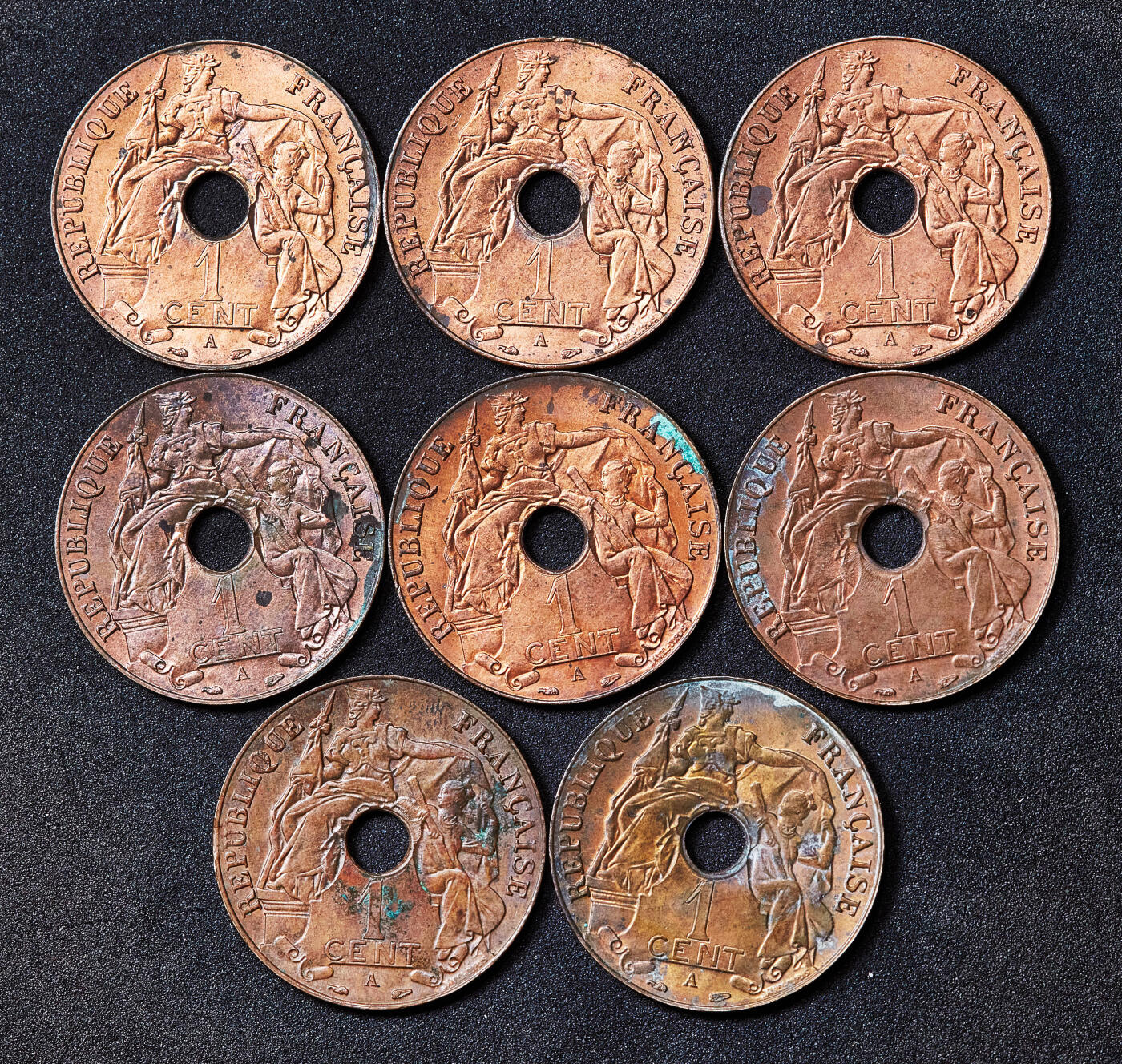 【俄甄集藏】2026年(050)04-01星期三 晚 19:30 全场包邮 法属印度支那1938-1939年A版中孔百分之一（1分）铜币8枚一组，原光品相