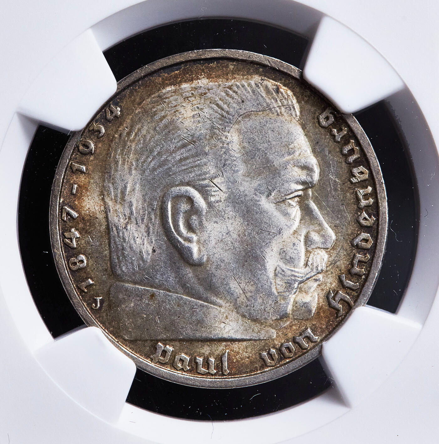 【俄甄集藏】2026年(050)04-01星期三 晚 19:30 全场包邮 德国第三帝国1938年J版兴登堡党徽5马克银币，NGC UNCD，黄油彩转光，疑似错杀，原图联系客服或官网查询