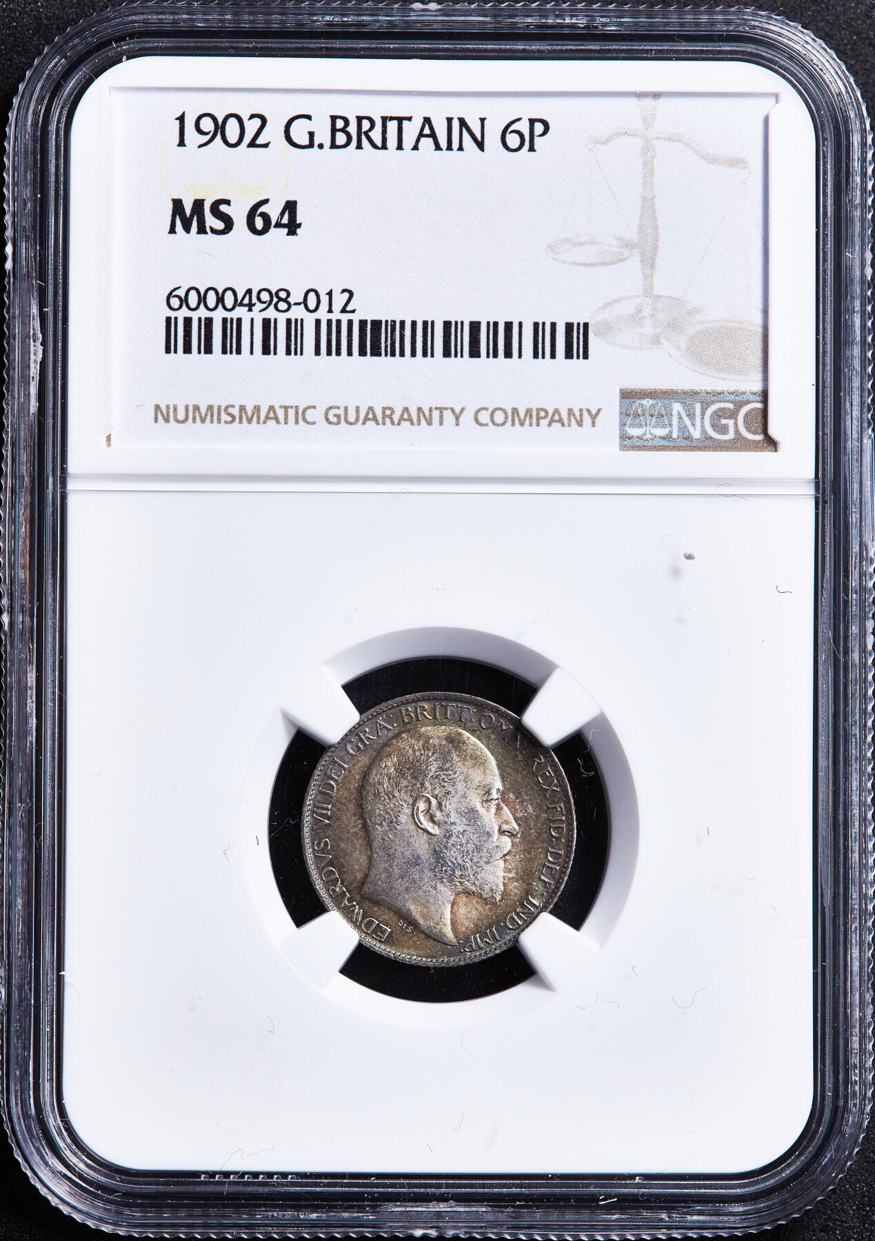 【俄甄集藏】2026年(050)04-01星期三 晚 19:30 全场包邮 英国1902年爱德华七世6便士银币，NGC MS64，五彩包浆，转光品相