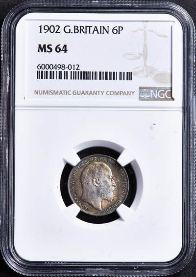 【俄甄集藏】2026年(050)04-01星期三 晚 19:30 全场包邮 - 英国1902年爱德华七世6便士银币，NGC MS64，五彩包浆，转光品相