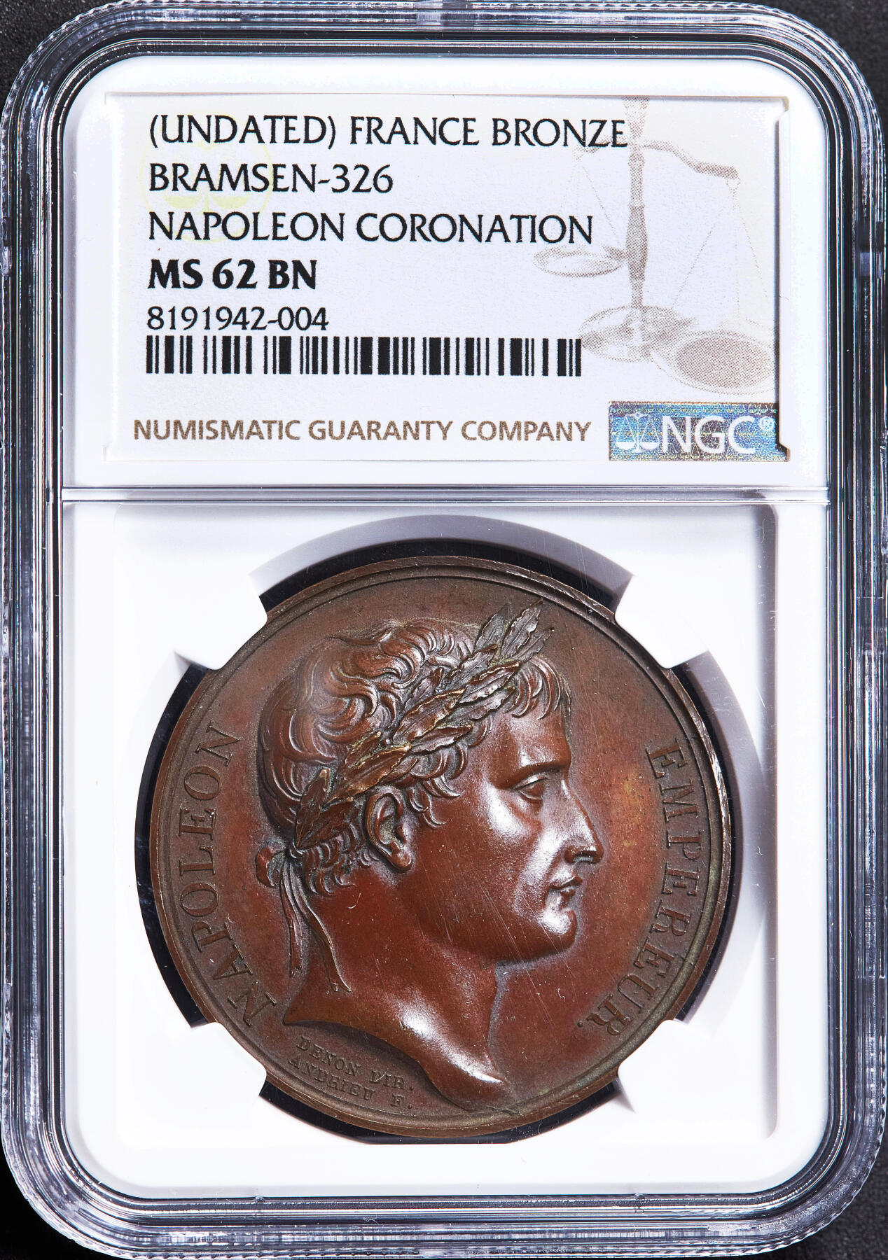 【俄甄集藏】2026年(050)04-01星期三 晚 19:30 全场包邮 法国1804年纪念拿破仑巴黎圣母院加冕大铜章，NGC MS62，高浮雕，巧克力包浆，名誉品种
