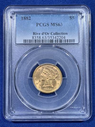 《竞宝斋》第475场 周日，周一 2场连拍 （全场包邮）欢迎送拍 - PCGS MS63 美国 1882年 5美元金币 8.359g 900金 出自金河集藏 罗斯福新政中黄金法案的产物 背面支撑有磕 细节见图