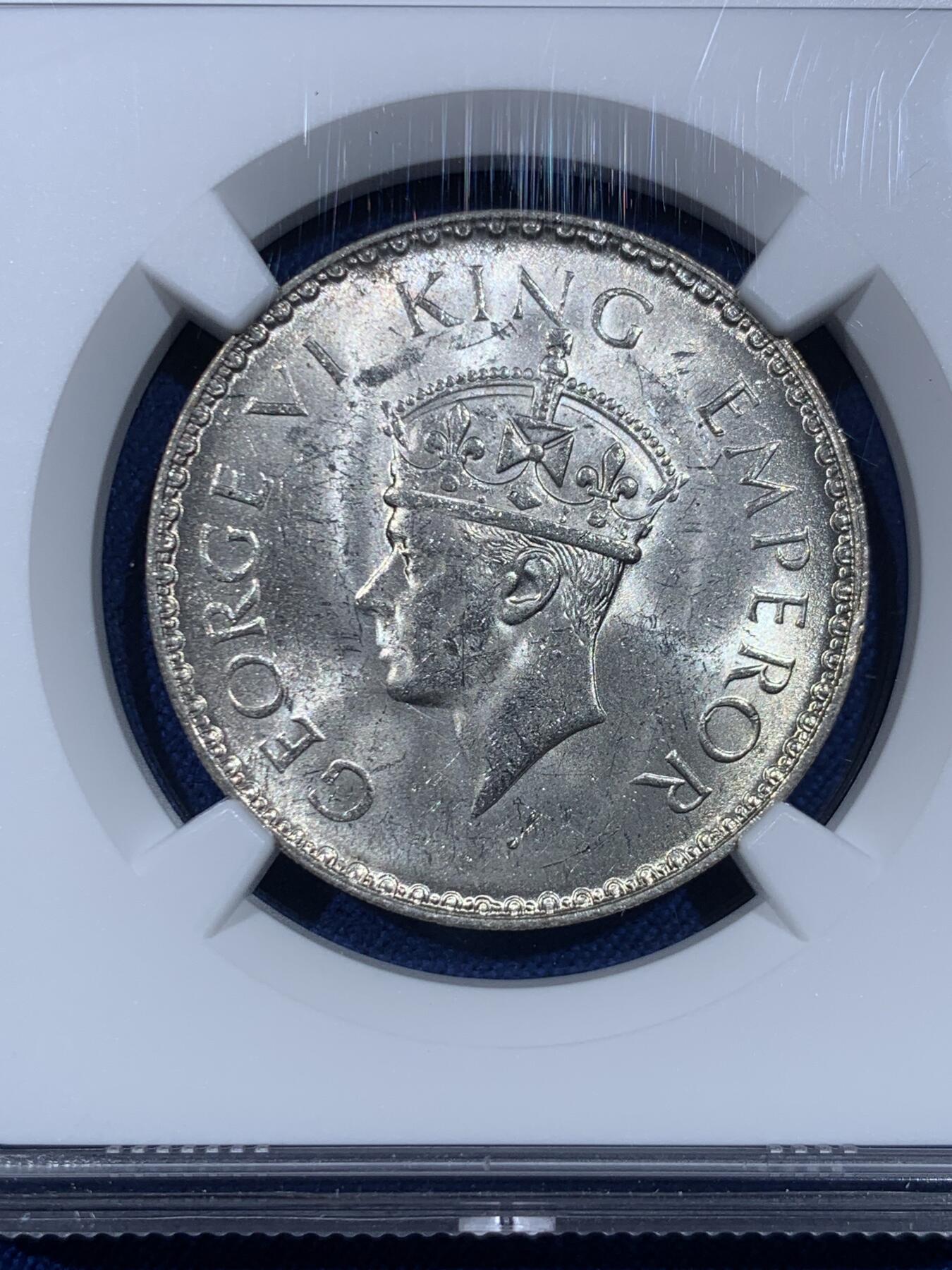 《竞宝斋》第475场 周日，周一 2场连拍 （全场包邮）欢迎送拍 NGC MS62 英属印度1941年乔治六世1卢比银币