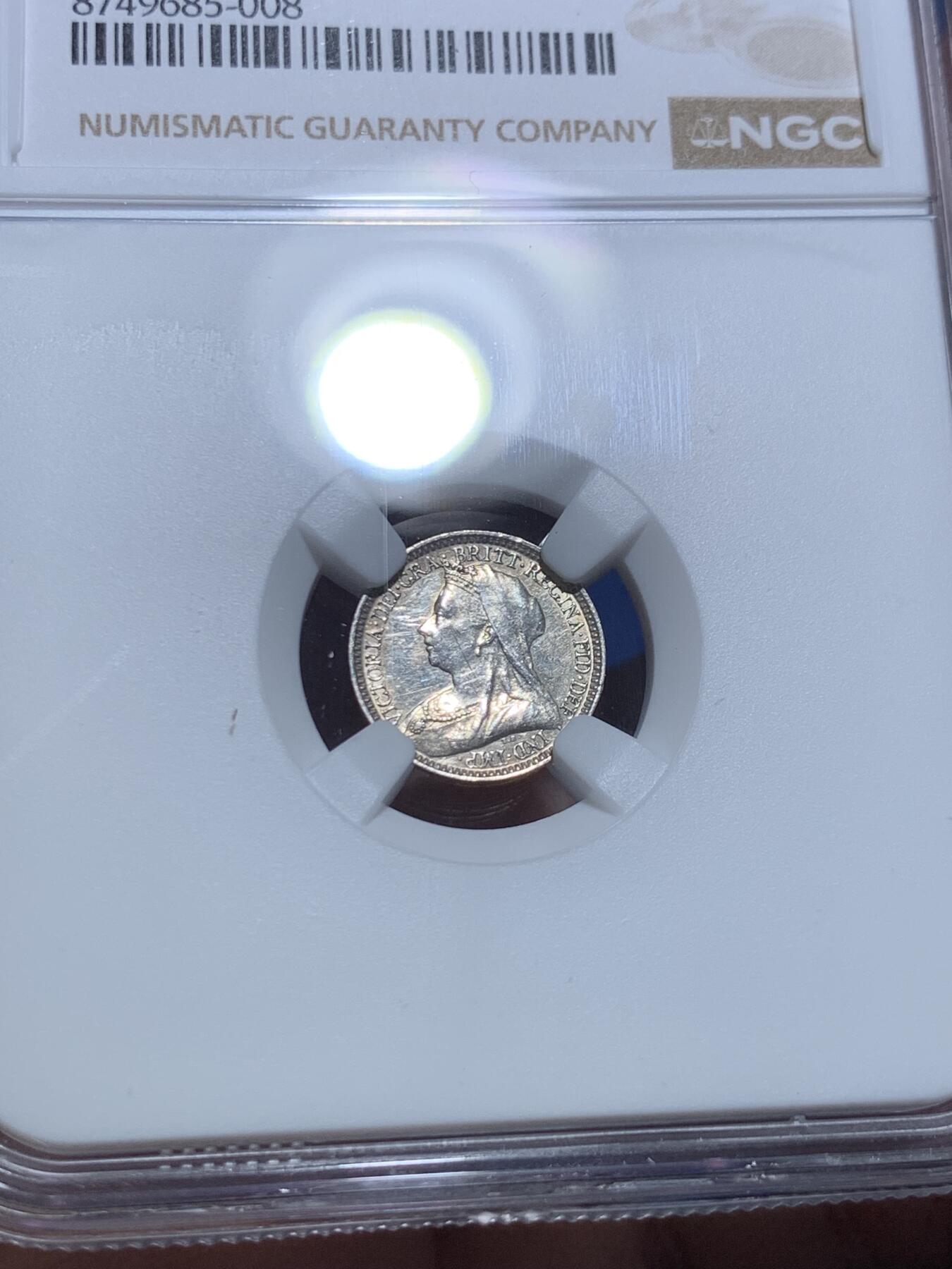 《竞宝斋》第475场 周日，周一 2场连拍 （全场包邮）欢迎送拍 四枚一组 NGC UNC-MS63 英国1895年维多利亚披纱濯足币 1-4便士银币