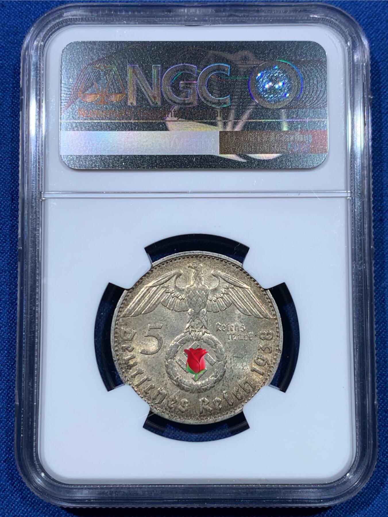 《竞宝斋》第475场 周日，周一 2场连拍 （全场包邮）欢迎送拍 NGC MS62 德国兴登堡 1938年 D版 5马克银币