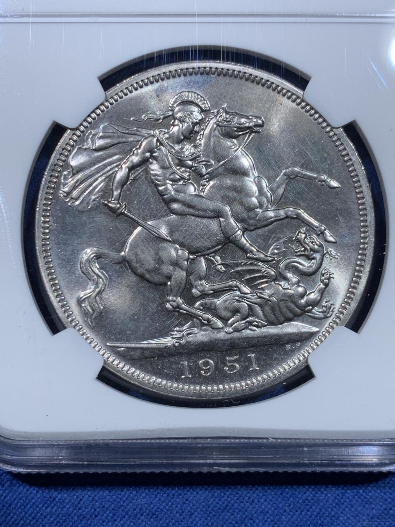 《竞宝斋》第475场 周日，周一 2场连拍 （全场包邮）欢迎送拍 NGC PL64 英国1951年乔治六世镍马剑克朗 最后的马剑 状态不错