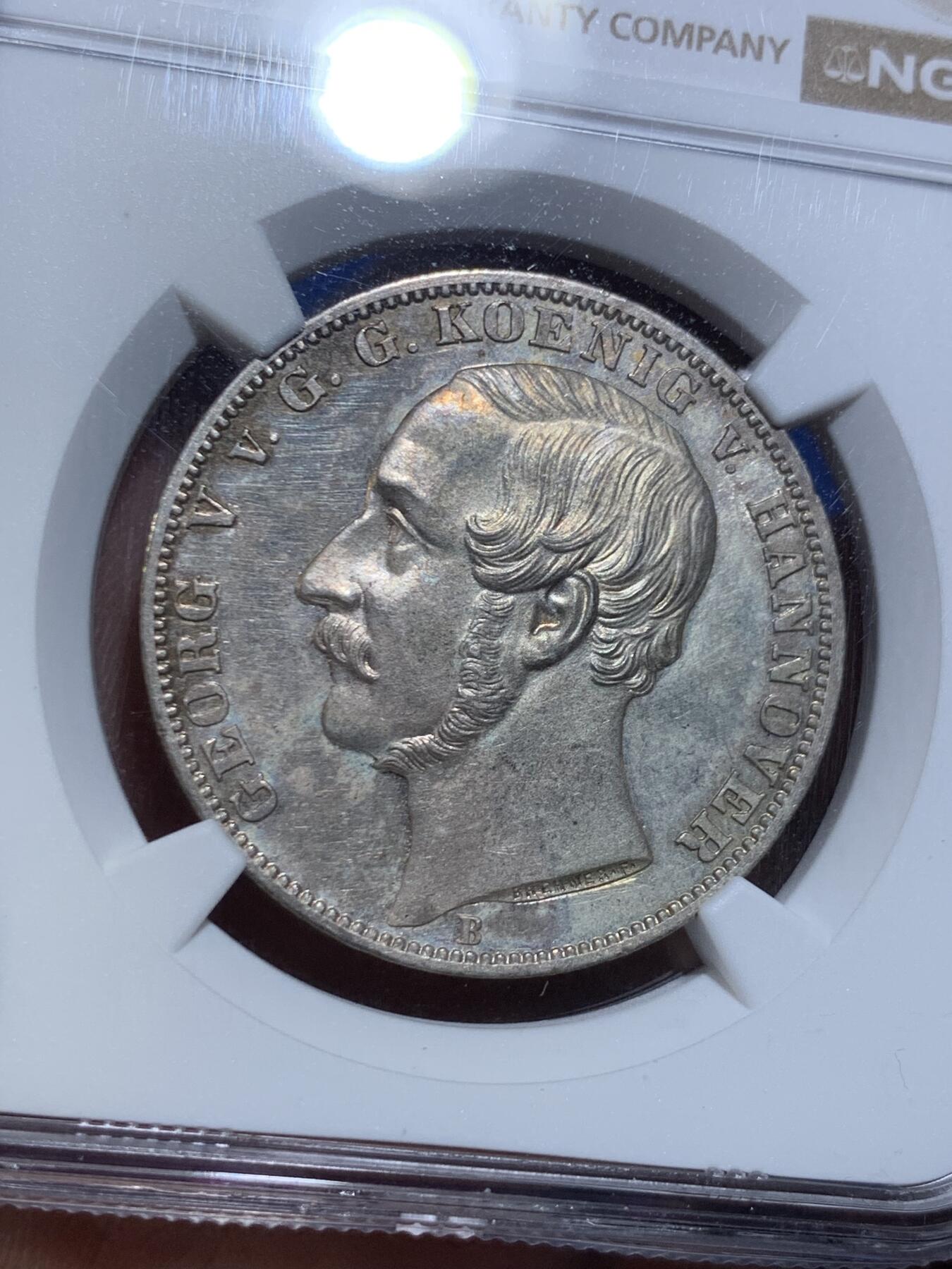 《竞宝斋》第475场 周日，周一 2场连拍 （全场包邮）欢迎送拍 NGC MS63 德国汉诺威1865橡树泰勒银币 实物PL质感 状态很不错 泰勒名誉品 铸造量2000枚 季军分