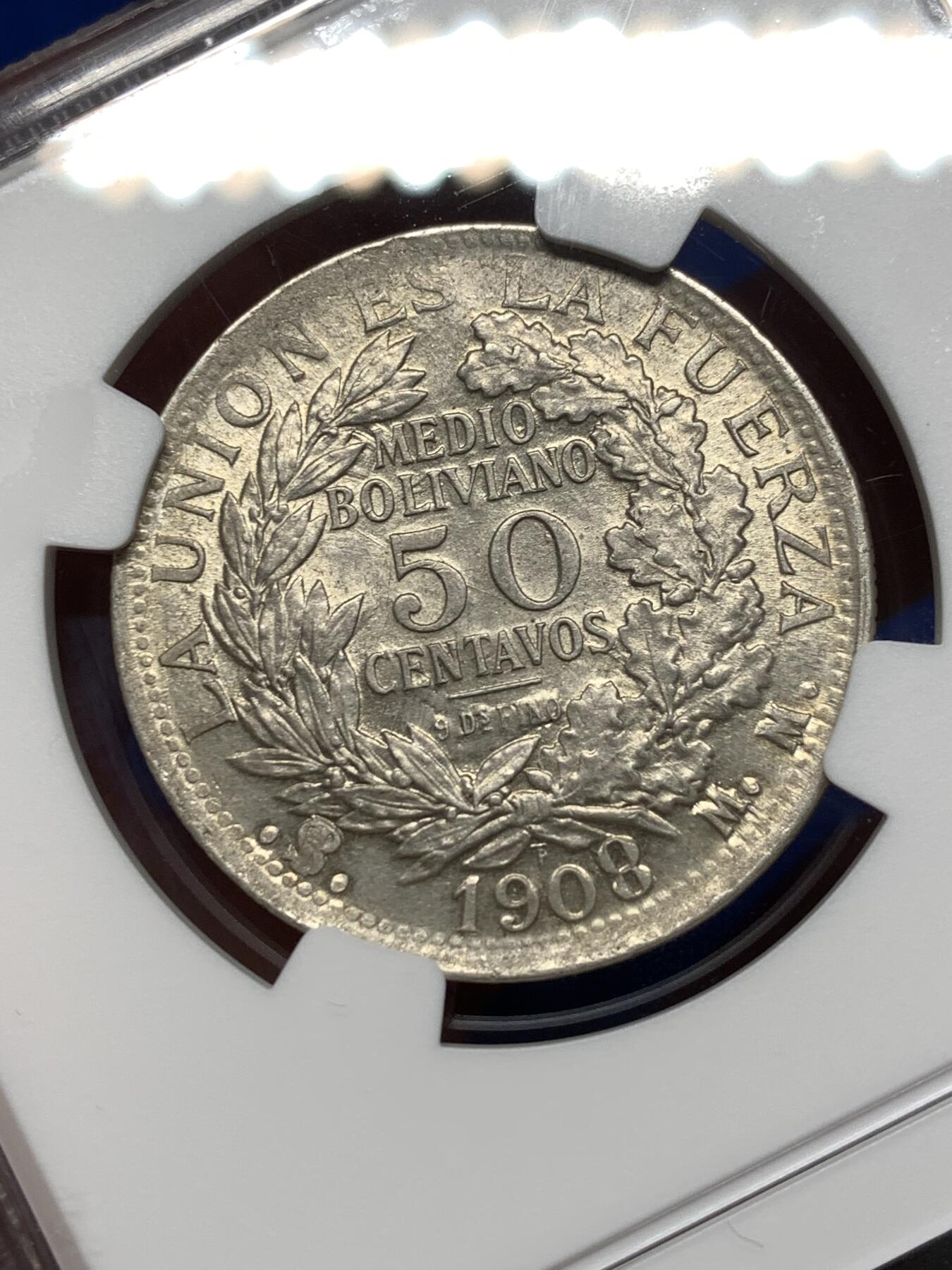 《竞宝斋》第475场 周日，周一 2场连拍 （全场包邮）欢迎送拍 NGC UNCD 玻利维亚1908年PTS.MM 50分银币 （少见反置8）