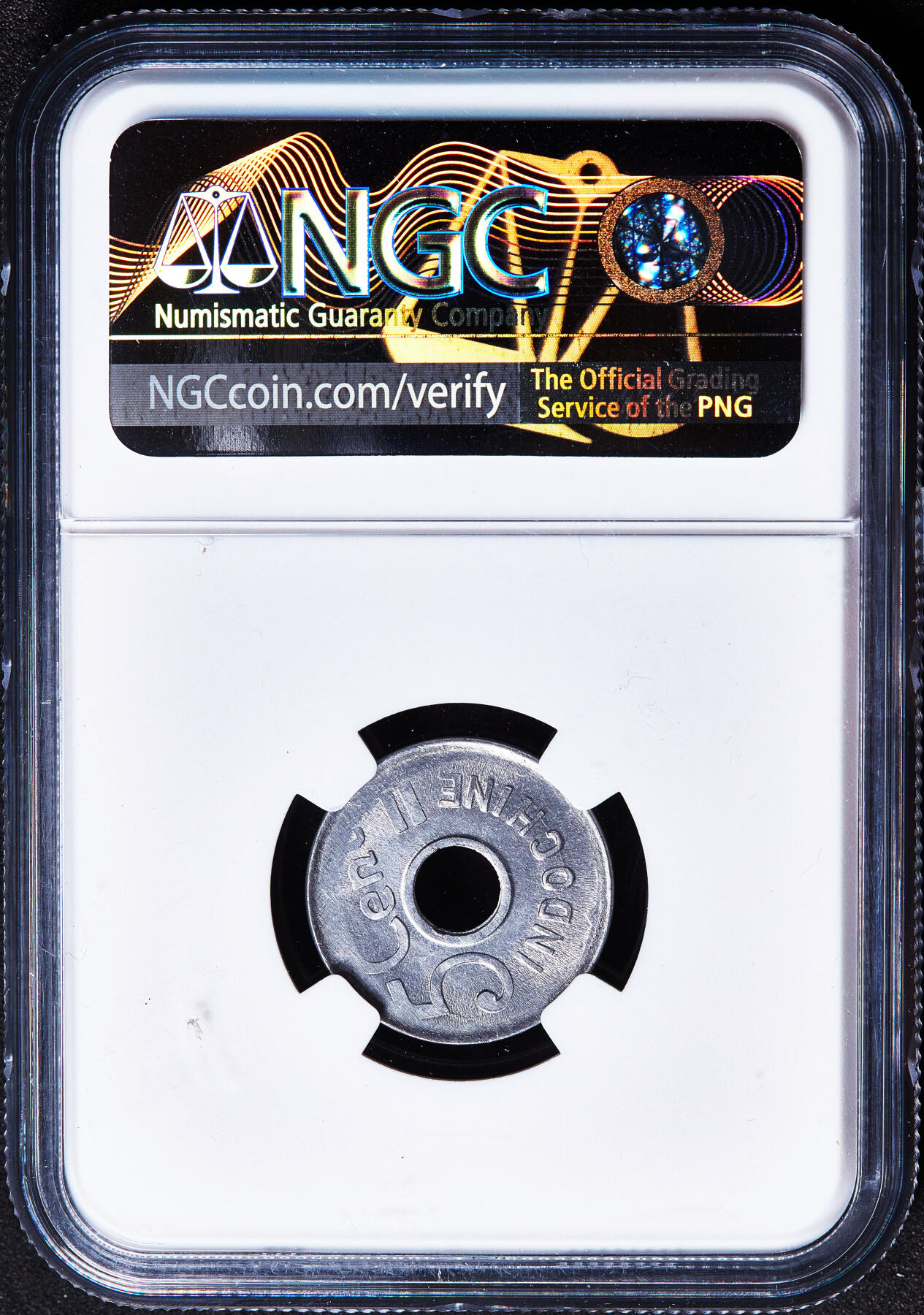 【俄甄集藏】2026年(050)04-01星期三 晚 19:30 全场包邮 法属印度支那1943年中孔5分铝币，NGC MS65，转光品相