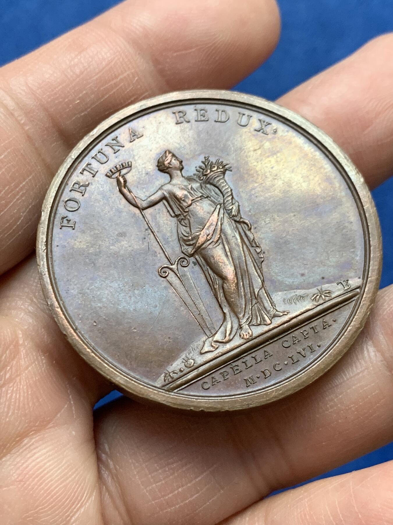 《竞宝斋》第475场 周日，周一 2场连拍 （全场包邮）欢迎送拍 法国路易十四占领卡佩勒纪念铜章 39.7克 40.9mm 早期无边铭