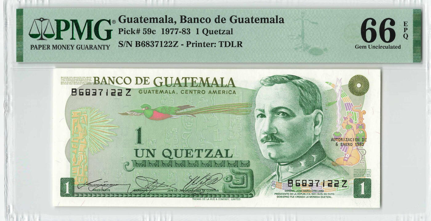 小福收藏拍卖第204期 评级币精选场 本期有 荷兰经典AA冠拿杯子的蛇 叙利亚世遗帕尔米拉古城豹子号冠军分 法国红衣主教冠军分 意大利经典达芬奇   白俄罗斯 "Millennium" 纪念版AA冠全同千位号全套  南斯拉夫铁托未发行版 美国 墨西哥 越南 法属印度支那等多国精美高分珍稀老钞精品纸币 危地马拉 1982年 1格查尔 少见早期版本 双尾 PMG66 EPQ 季军分