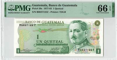 小福收藏拍卖第204期 评级币精选场 本期有 荷兰经典AA冠拿杯子的蛇 叙利亚世遗帕尔米拉古城豹子号冠军分 法国红衣主教冠军分 意大利经典达芬奇   白俄罗斯 "Millennium" 纪念版AA冠全同千位号全套  南斯拉夫铁托未发行版 美国 墨西哥 越南 法属印度支那等多国精美高分珍稀老钞精品纸币 - 危地马拉 1982年 1格查尔 少见早期版本 双尾 PMG66 EPQ 季军分