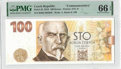 小福收藏拍卖第204期 评级币精选场 本期有 荷兰经典AA冠拿杯子的蛇 叙利亚世遗帕尔米拉古城豹子号冠军分 法国红衣主教冠军分 意大利经典达芬奇   白俄罗斯 "Millennium" 纪念版AA冠全同千位号全套  南斯拉夫铁托未发行版 美国 墨西哥 越南 法属印度支那等多国精美高分珍稀老钞精品纸币 - 捷克 2019年 100克朗 纪念钞 发行量仅两万张 价格上涨品种 无47 千位号 PMG66 EPQ