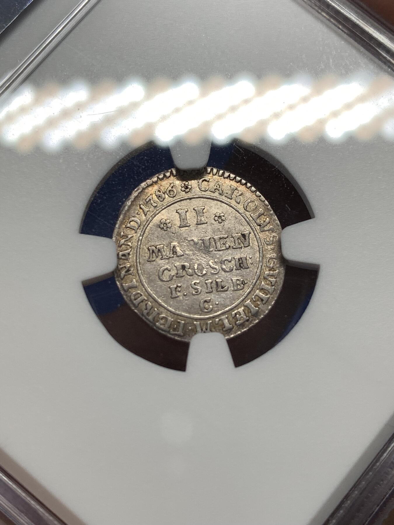 《竞宝斋》第475场 周日，周一 2场连拍 （全场包邮）欢迎送拍 NGC AU50 德国1786年布伦瑞克-沃尔芬比特尔野人2MG银币