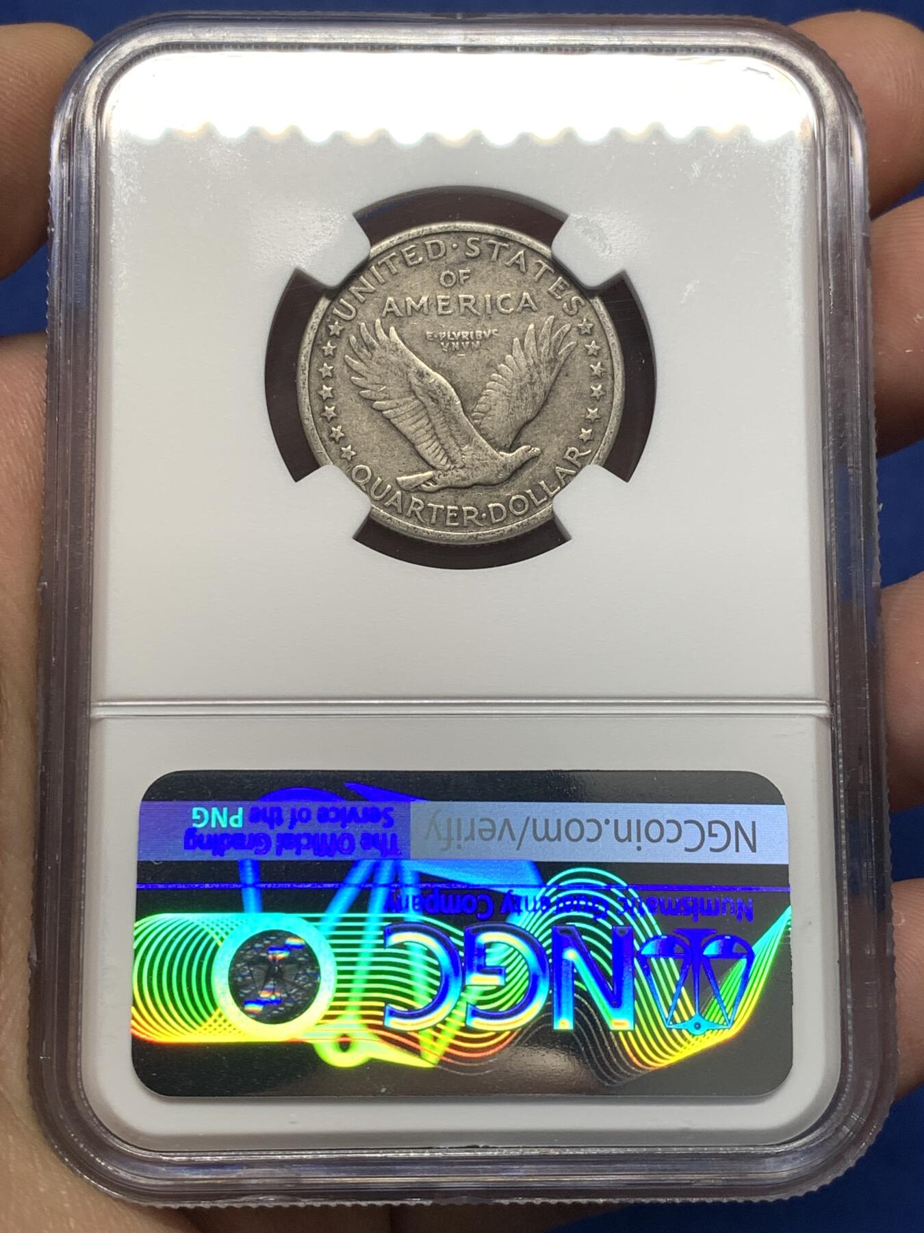 《竞宝斋》第475场 周日，周一 2场连拍 （全场包邮）欢迎送拍 NGC VFD 美国1917年type 1版本25美分银币，NGC错标成type 2，实际是鹰下无星type 1版本，仅发行两年。具体版别自辨