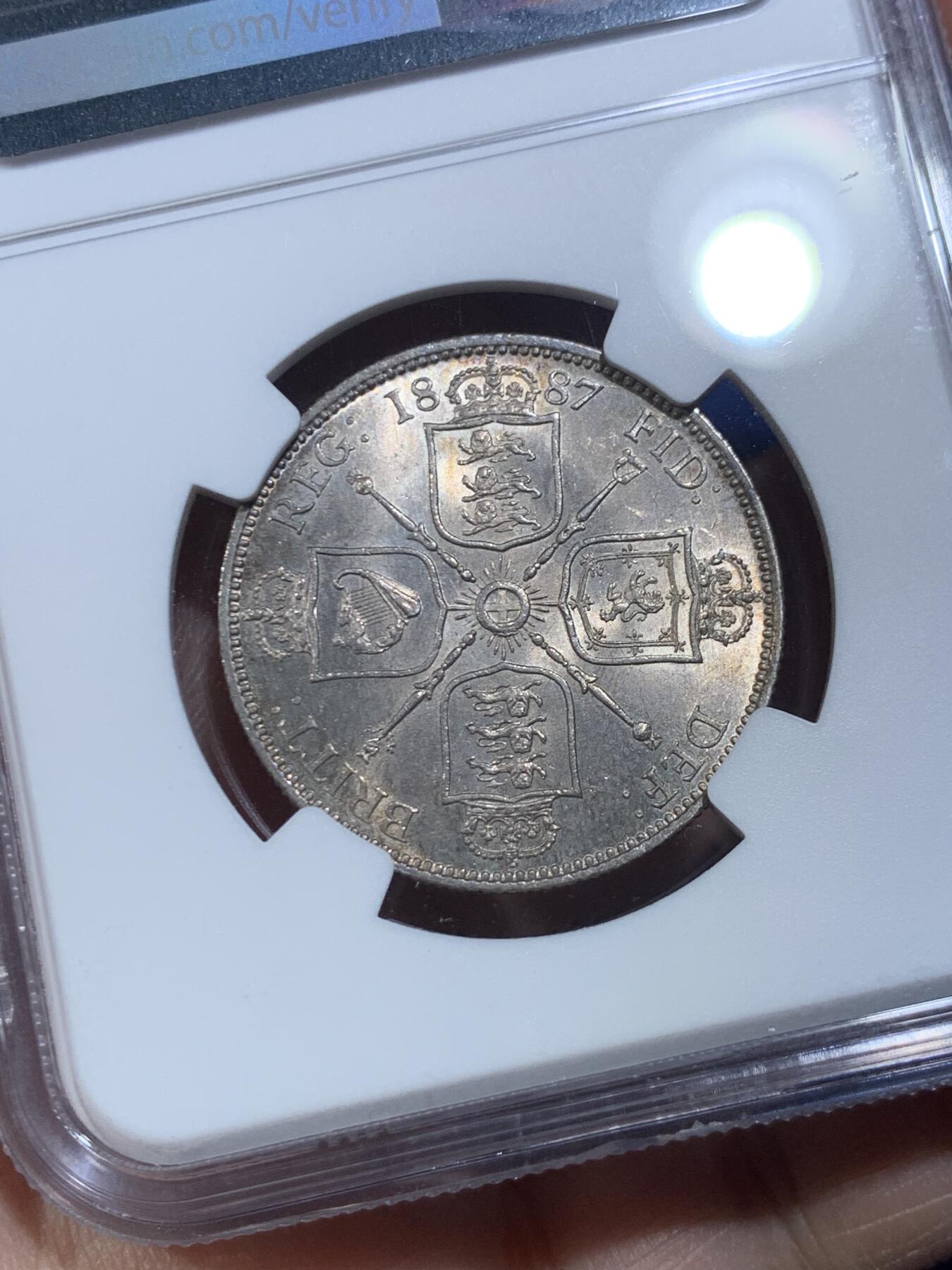 《竞宝斋》第475场 周日，周一 2场连拍 （全场包邮）欢迎送拍 NGC MS62 英国1887年高冠1弗洛林银币，淡包浆，转光不错