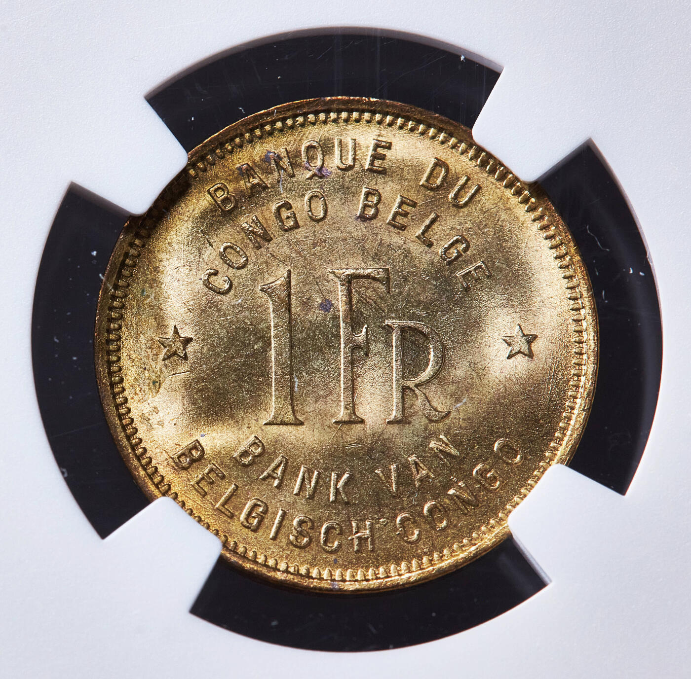 【俄甄集藏】2026年(050)04-01星期三 晚 19:30 全场包邮 比属刚果1949年大象1法郎铜币，NGC MS63，转光品相