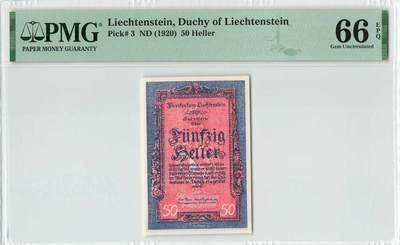 小福收藏拍卖第204期 评级币精选场 本期有 荷兰经典AA冠拿杯子的蛇 叙利亚世遗帕尔米拉古城豹子号冠军分 法国红衣主教冠军分 意大利经典达芬奇   白俄罗斯 "Millennium" 纪念版AA冠全同千位号全套  南斯拉夫铁托未发行版 美国 墨西哥 越南 法属印度支那等多国精美高分珍稀老钞精品纸币 - 列支敦士登 1920年 50赫勒 百年老钞 PMG66 EPQ 亚军分