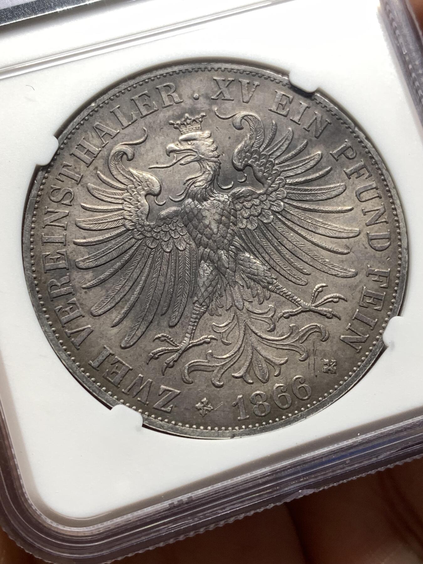 《竞宝斋》第475场 周日，周一 2场连拍 （全场包邮）欢迎送拍 NGC AUD 德国1866年法兰克福少女2泰勒银币