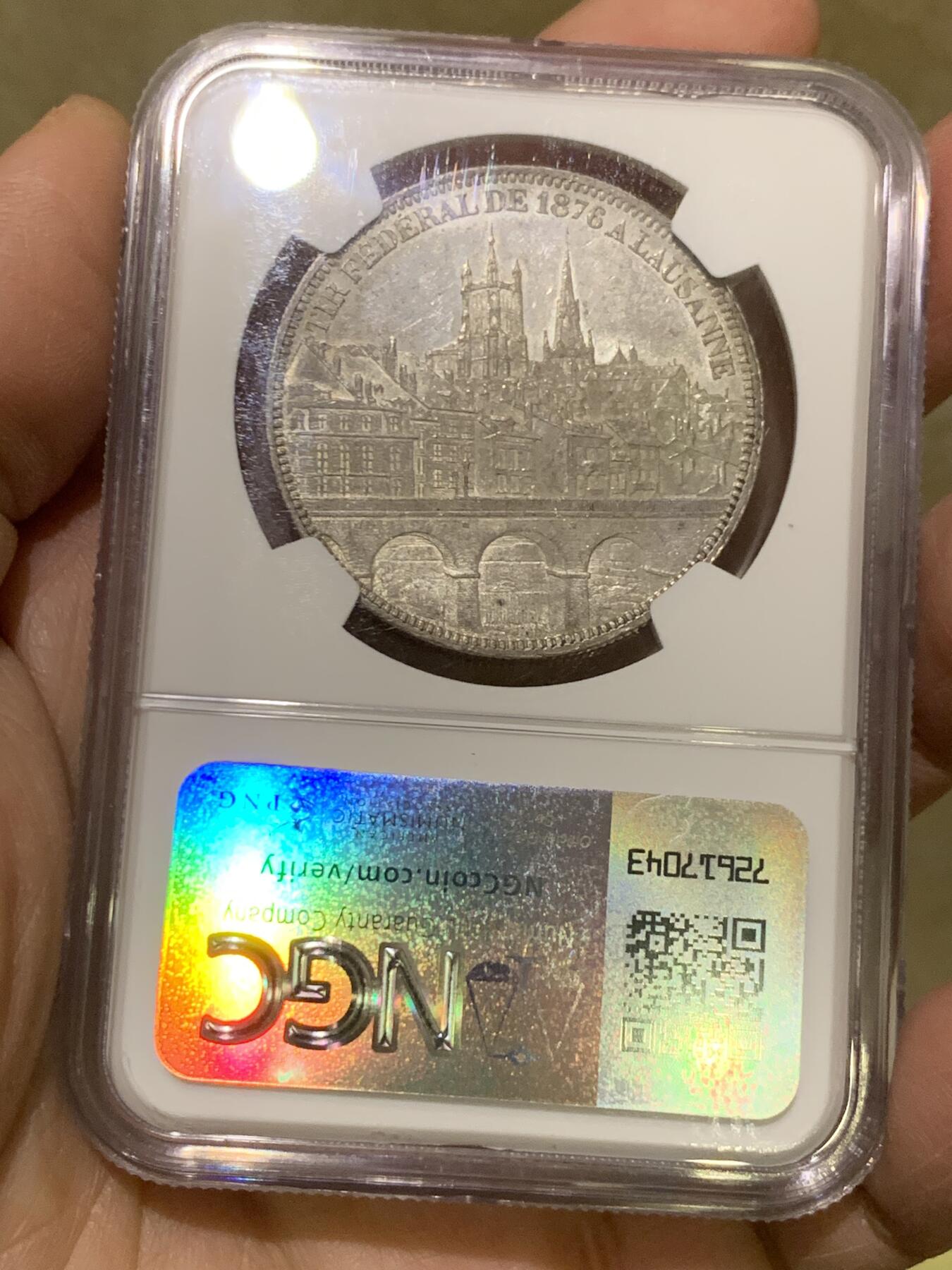 《竞宝斋》第475场 周日，周一 2场连拍 （全场包邮）欢迎送拍 NGC MS63 瑞士1876年洛桑射击节5法郎银币。双面光度非常好，细节极美。