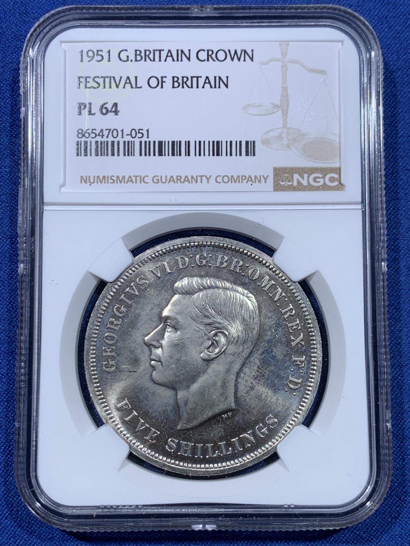 《竞宝斋》第475场 周日，周一 2场连拍 （全场包邮）欢迎送拍 NGC PL64 英国1951年乔治六世镍马剑克朗 最后的马剑 状态不错