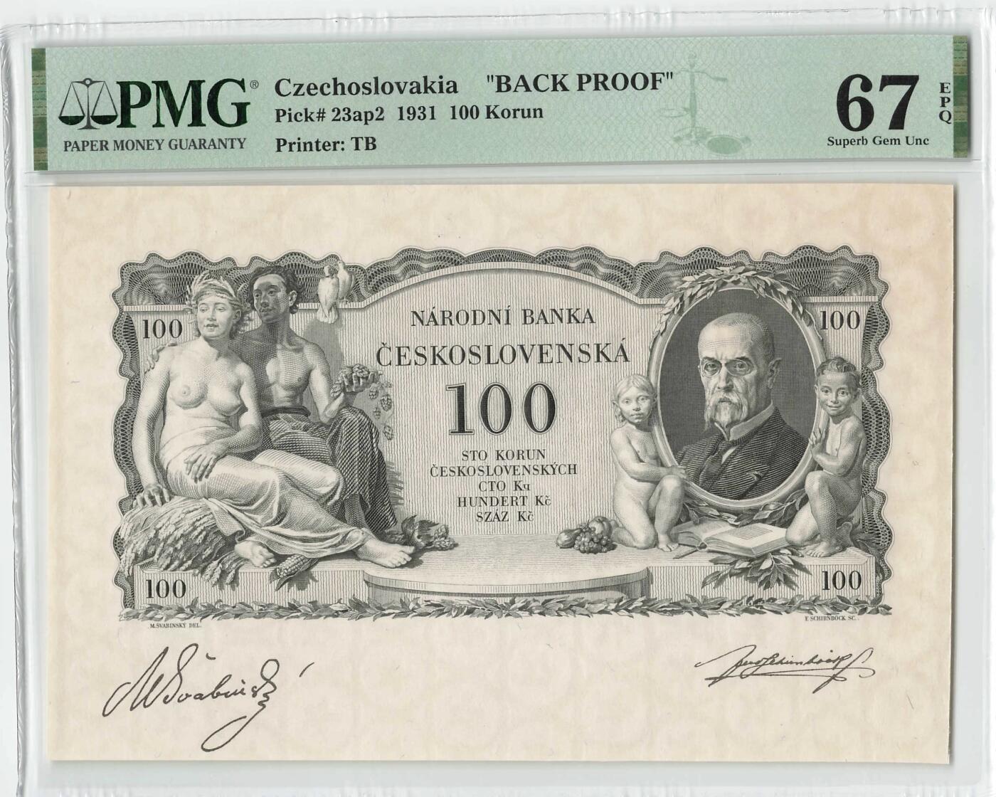 小福收藏拍卖第204期 评级币精选场 本期有 荷兰经典AA冠拿杯子的蛇 叙利亚世遗帕尔米拉古城豹子号冠军分 法国红衣主教冠军分 意大利经典达芬奇   白俄罗斯 "Millennium" 纪念版AA冠全同千位号全套  南斯拉夫铁托未发行版 美国 墨西哥 越南 法属印度支那等多国精美高分珍稀老钞精品纸币 捷克斯洛伐克 1931年 100克朗 背面proof  PMG67 EPQ 唯1冠军分！！！