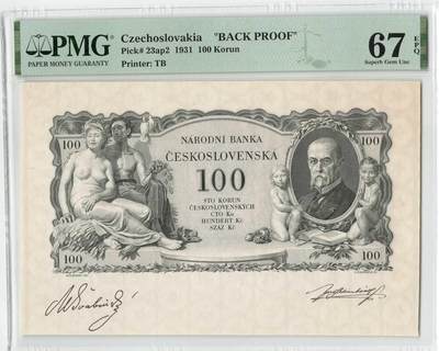 小福收藏拍卖第204期 评级币精选场 本期有 荷兰经典AA冠拿杯子的蛇 叙利亚世遗帕尔米拉古城豹子号冠军分 法国红衣主教冠军分 意大利经典达芬奇   白俄罗斯 "Millennium" 纪念版AA冠全同千位号全套  南斯拉夫铁托未发行版 美国 墨西哥 越南 法属印度支那等多国精美高分珍稀老钞精品纸币 - 捷克斯洛伐克 1931年 100克朗 背面proof  PMG67 EPQ 唯1冠军分！！！