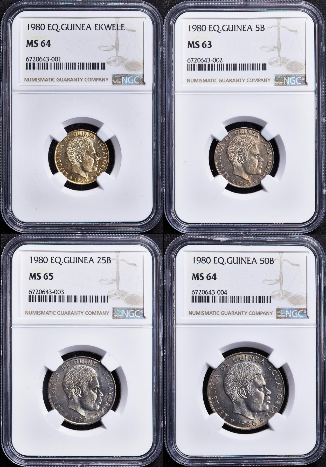【俄甄集藏】2026年(050)04-01星期三 晚 19:30 全场包邮 赤道几内亚1980年政变首脑特奥多罗·奥比昂·恩圭马·姆巴索戈头像版1-50依库雷硬币4枚全套，NGC MS63-MS65，大量回炉销毁，好品难寻，全套MS稀有