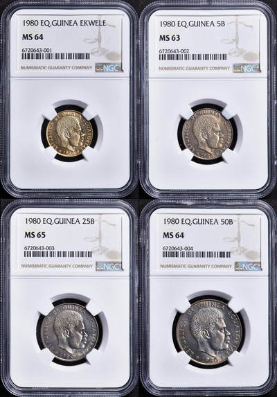【俄甄集藏】2026年(050)04-01星期三 晚 19:30 全场包邮 - 赤道几内亚1980年政变首脑特奥多罗·奥比昂·恩圭马·姆巴索戈头像版1-50依库雷硬币4枚全套，NGC MS63-MS65，大量回炉销毁，好品难寻，全套MS稀有