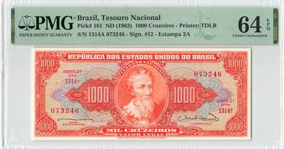 小福收藏拍卖第204期 评级币精选场 本期有 荷兰经典AA冠拿杯子的蛇 叙利亚世遗帕尔米拉古城豹子号冠军分 法国红衣主教冠军分 意大利经典达芬奇   白俄罗斯 "Millennium" 纪念版AA冠全同千位号全套  南斯拉夫铁托未发行版 美国 墨西哥 越南 法属印度支那等多国精美高分珍稀老钞精品纸币 - 巴西 1963年 1000克鲁塞罗 PMG64 EPQ