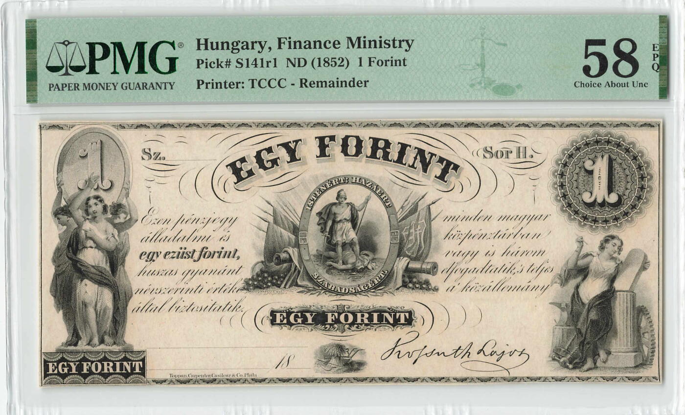 小福收藏拍卖第204期 评级币精选场 本期有 荷兰经典AA冠拿杯子的蛇 叙利亚世遗帕尔米拉古城豹子号冠军分 法国红衣主教冠军分 意大利经典达芬奇   白俄罗斯 "Millennium" 纪念版AA冠全同千位号全套  南斯拉夫铁托未发行版 美国 墨西哥 越南 法属印度支那等多国精美高分珍稀老钞精品纸币 匈牙利 1852年 1福林 174年老钞 精美 PMG58 EPQ