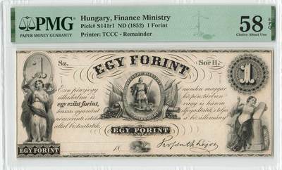 小福收藏拍卖第204期 评级币精选场 本期有 荷兰经典AA冠拿杯子的蛇 叙利亚世遗帕尔米拉古城豹子号冠军分 法国红衣主教冠军分 意大利经典达芬奇   白俄罗斯 "Millennium" 纪念版AA冠全同千位号全套  南斯拉夫铁托未发行版 美国 墨西哥 越南 法属印度支那等多国精美高分珍稀老钞精品纸币 - 匈牙利 1852年 1福林 174年老钞 精美 PMG58 EPQ