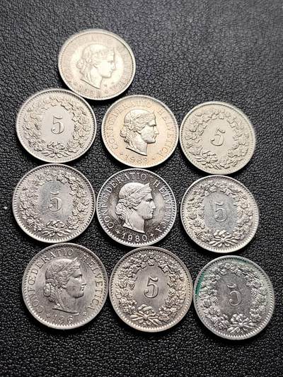 泉币菌-第217场-拍品多 请提前出价 - 10枚一组 百年不变 女神 瑞士5生丁硬币 混合年份 