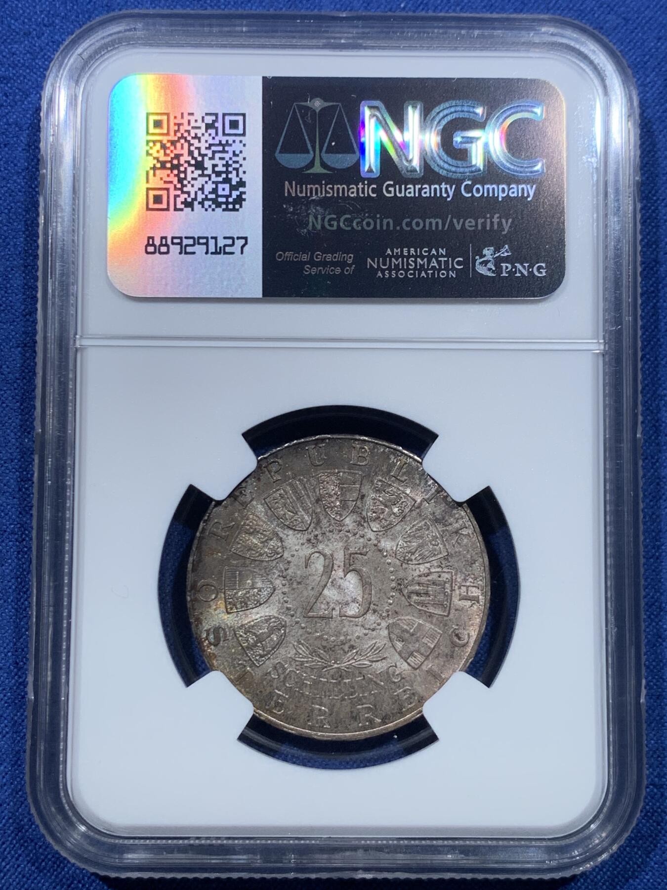 《竞宝斋》第475场 周日，周一 2场连拍 （全场包邮）欢迎送拍 两枚一组 NGC MS62 奥地利1957/1962年25先令纪念银币 800银 总重26克