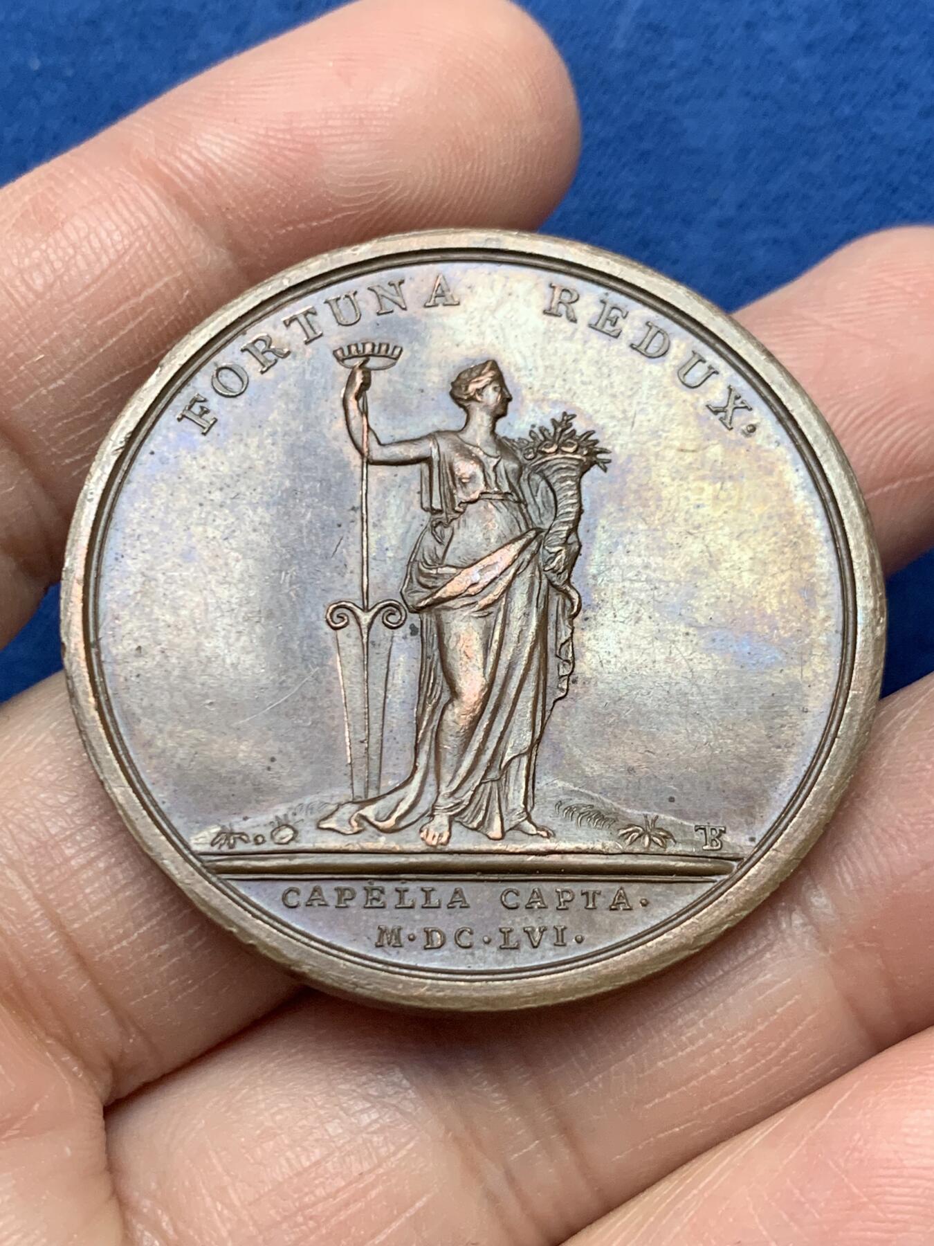 《竞宝斋》第475场 周日，周一 2场连拍 （全场包邮）欢迎送拍 法国路易十四占领卡佩勒纪念铜章 39.7克 40.9mm 早期无边铭