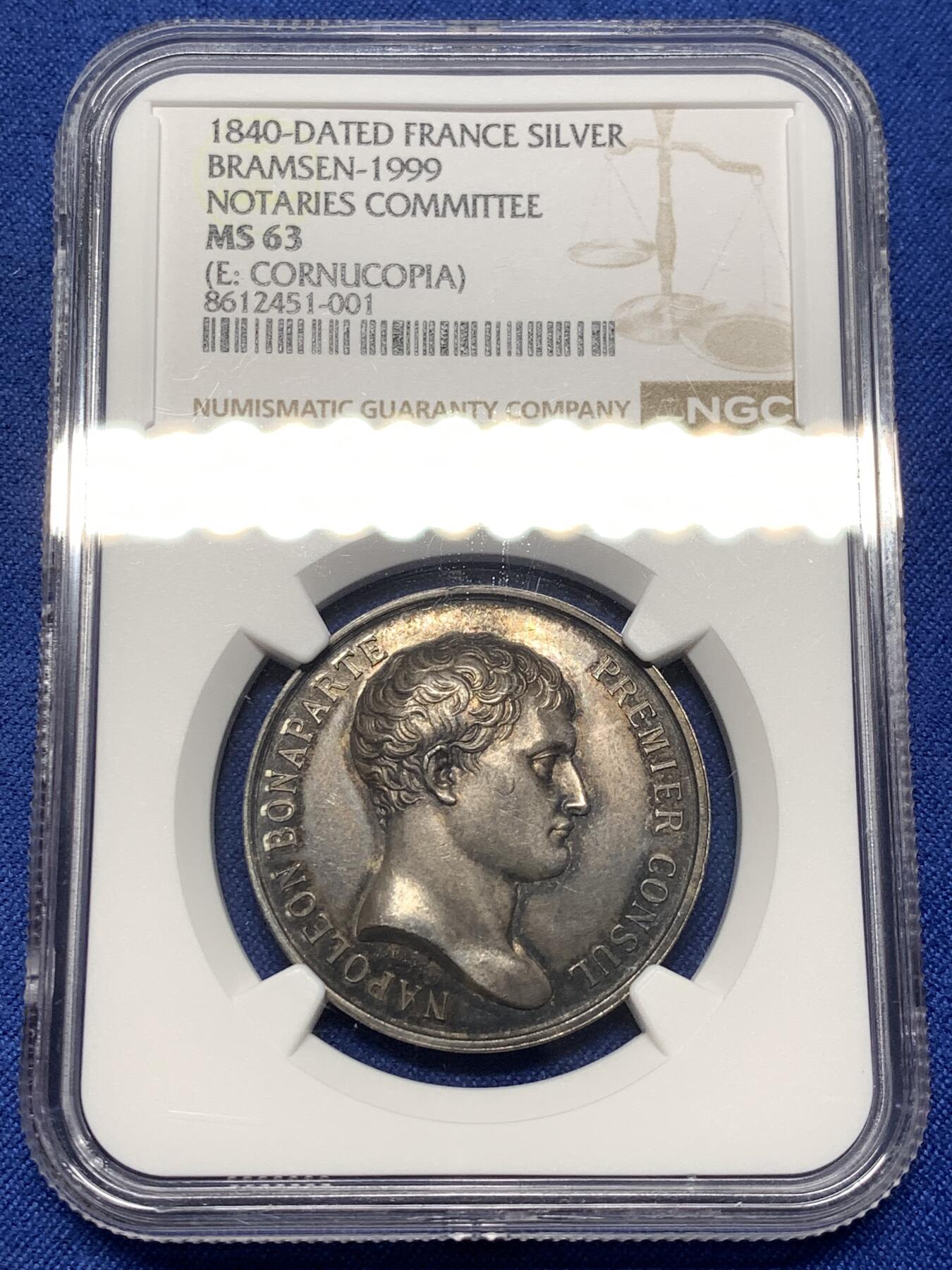 《竞宝斋》第475场 周日，周一 2场连拍 （全场包邮）欢迎送拍 NGC MS63 法国拿破仑一世公证委员会法律颁布纪念银章，是拿破仑执政时期法国行政与司法制度融合的见证。