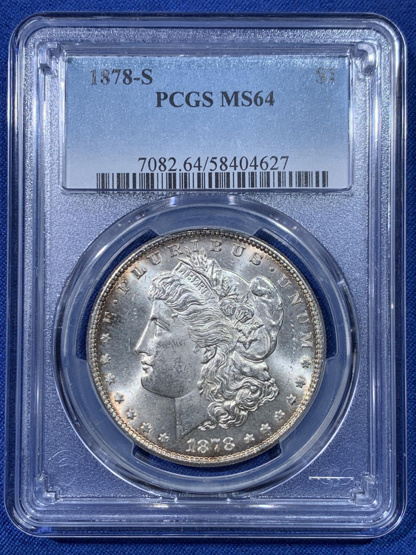 《竞宝斋》第475场 周日，周一 2场连拍 （全场包邮）欢迎送拍 PCGS MS64 美国 1878 S 摩根银币 稀有首年摩根 转光犀利 边缘包裹环状赤红包浆 背面支撑有磕