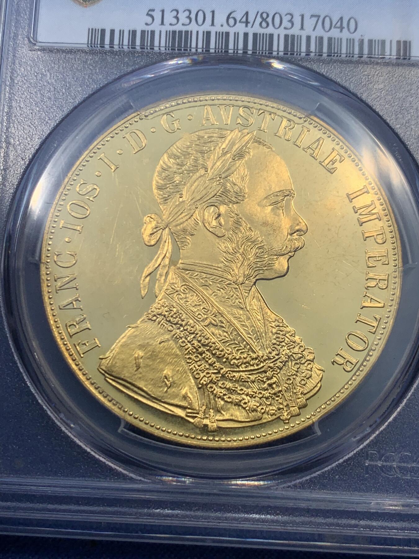 《竞宝斋》第475场 周日，周一 2场连拍 （全场包邮）欢迎送拍 PCGS PR64DCAM 奥地利1915年弗朗茨一世4杜卡特金币，13.96克，986金。实际铸造于1920-1936年左右 主要用于储备和对外贸易，精制版本少见  