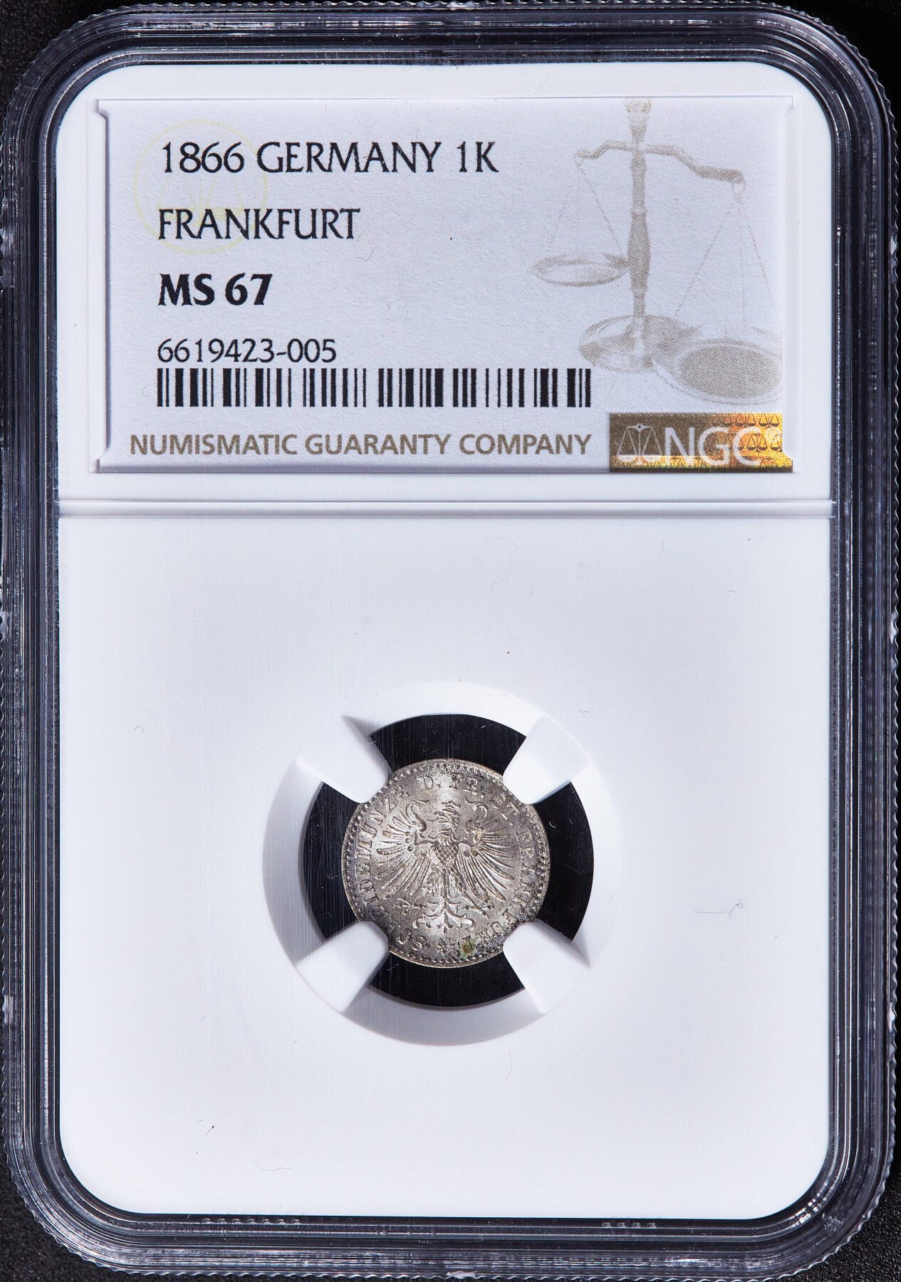 【俄甄集藏】2026年(050)04-01星期三 晚 19:30 全场包邮 德国法兰克福1866年1克鲁泽银币，NGC MS66，顶级状态，转光品相