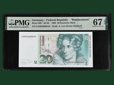 【礼羽收藏】🌏世界钱币拍卖第130期 - 德国 1993年20马克 补号 PMG67EPQ 末版