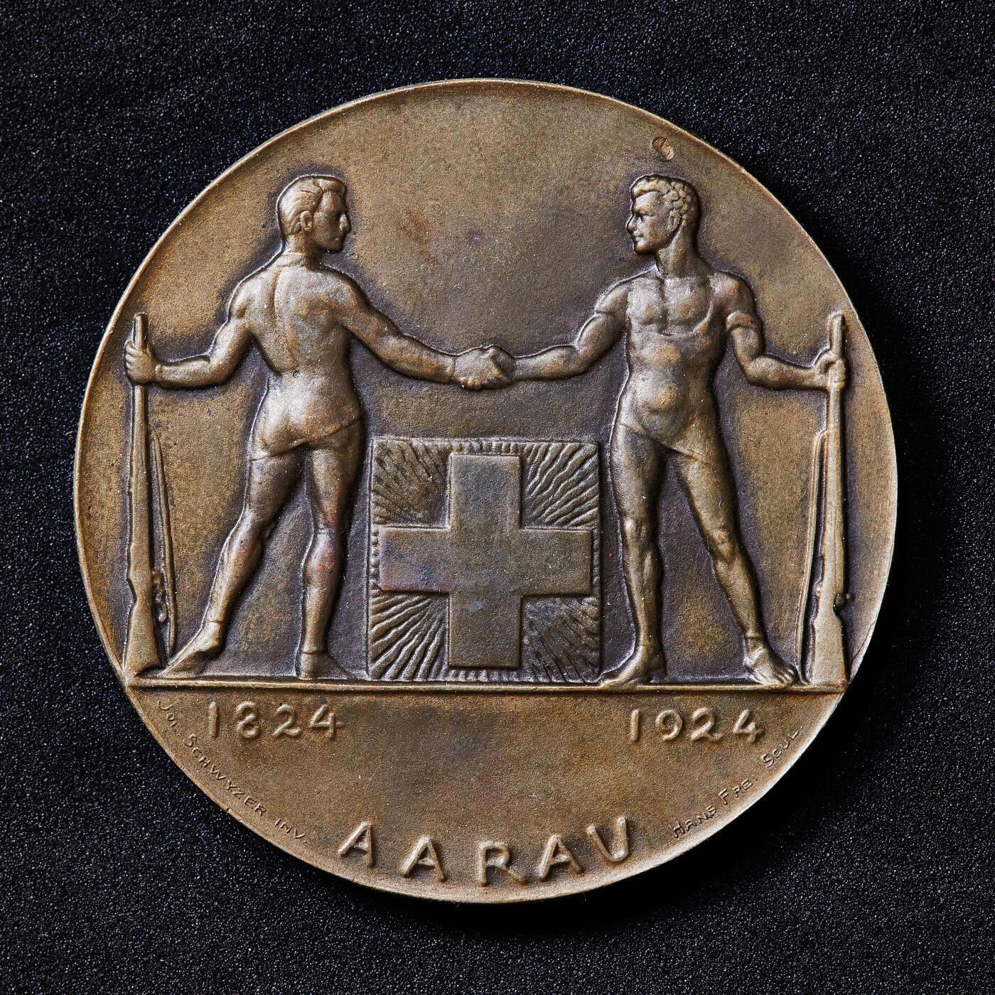 【俄甄集藏】2026年(050)04-01星期三 晚 19:30 全场包邮 瑞士1924年纪念阿劳射击节举办暨协会成立100周年大铜章，著名雕刻家汉斯·弗雷作品，直径：50mm，重量：59.7克，品相完好