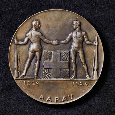 【俄甄集藏】2026年(050)04-01星期三 晚 19:30 全场包邮 - 瑞士1924年纪念阿劳射击节举办暨协会成立100周年大铜章，著名雕刻家汉斯·弗雷作品，直径：50mm，重量：59.7克，品相完好