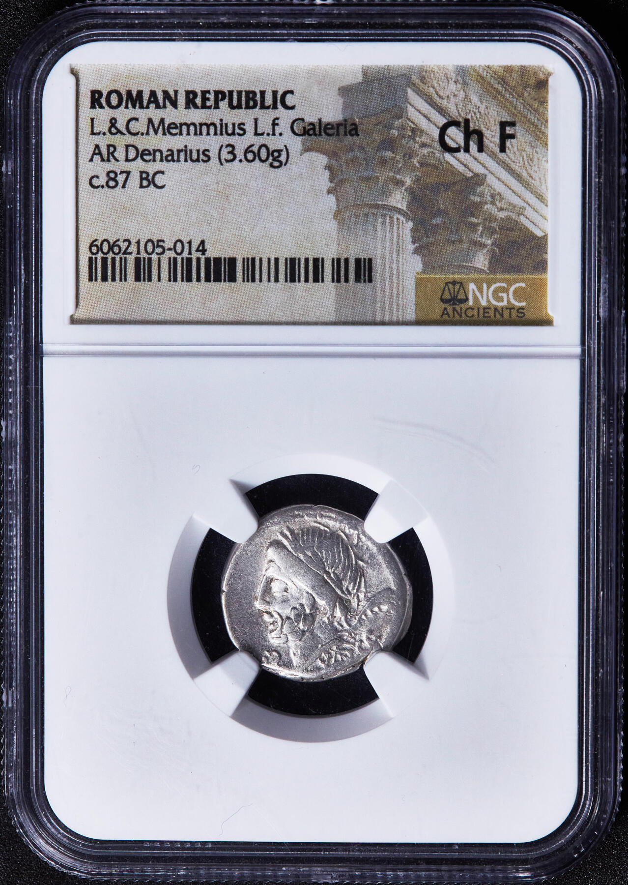 【俄甄集藏】2026年(050)04-01星期三 晚 19:30 全场包邮 古罗马共和国公元前87年农业之神萨图恩1第纳尔美神维纳斯驾马车与爱神丘比特银币，NGC ChF，罗马造币厂打制，正面罗马农业之神萨图恩，背面美神维纳斯驾马车，小爱神丘比特向她飞来，稀有品种