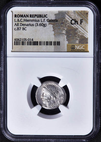 【俄甄集藏】2026年(050)04-01星期三 晚 19:30 全场包邮 - 古罗马共和国公元前87年农业之神萨图恩1第纳尔美神维纳斯驾马车与爱神丘比特银币，NGC ChF，罗马造币厂打制，正面罗马农业之神萨图恩，背面美神维纳斯驾马车，小爱神丘比特向她飞来，稀有品种